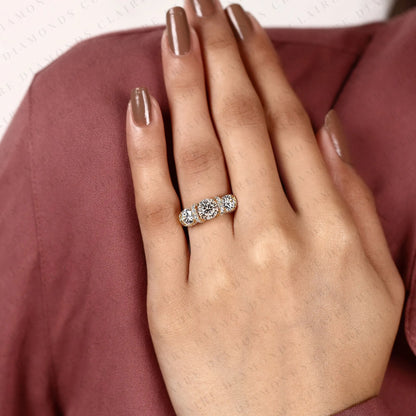 Round Cut Moissanite Diamond Engagement Ring Three Stone Gold Ring with Diamond Accents Luxury Wedding Ring for Women