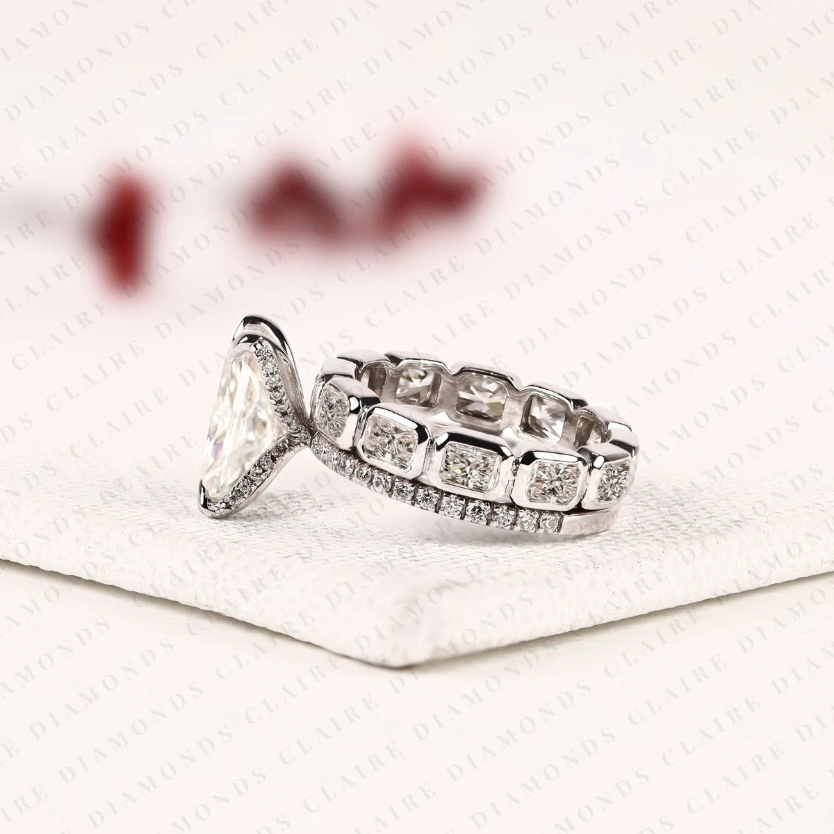 radiant cut lab grown diamond engagement ring double band bridal set with pave diamond accents modern luxury white gold wedding ring