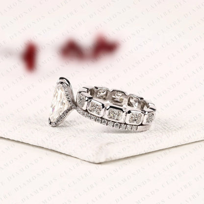 Radiant Cut Lab Grown Diamond Engagement Ring Double Band Bridal Set with Pave Diamond Accents Modern Luxury White Gold Wedding Ring