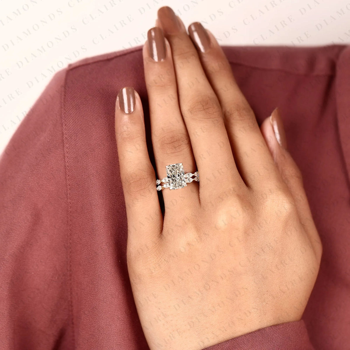 radiant cut lab grown diamond engagement ring set yellow gold double band with pavé side stones unique luxury bridal ring set