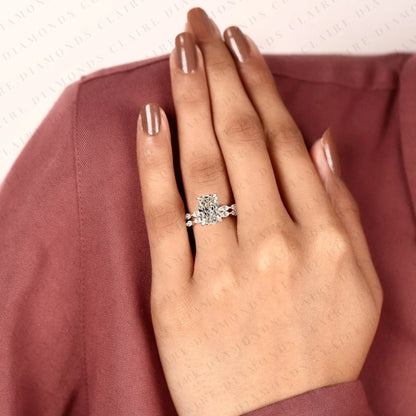 Radiant Cut Lab Grown Diamond Engagement Ring Set Yellow Gold Double Band with Pavé Side Stones Unique Luxury Bridal Ring Set