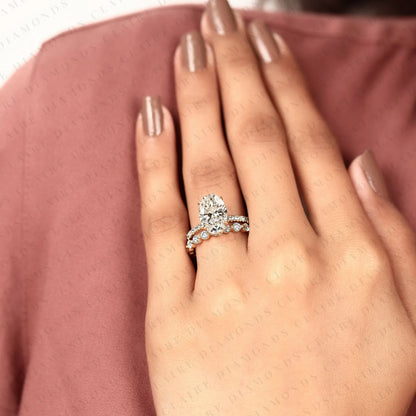 Oval Cut Lab Grown Diamond Engagement Ring Hidden Halo with Matching Diamond Band Ring For Her