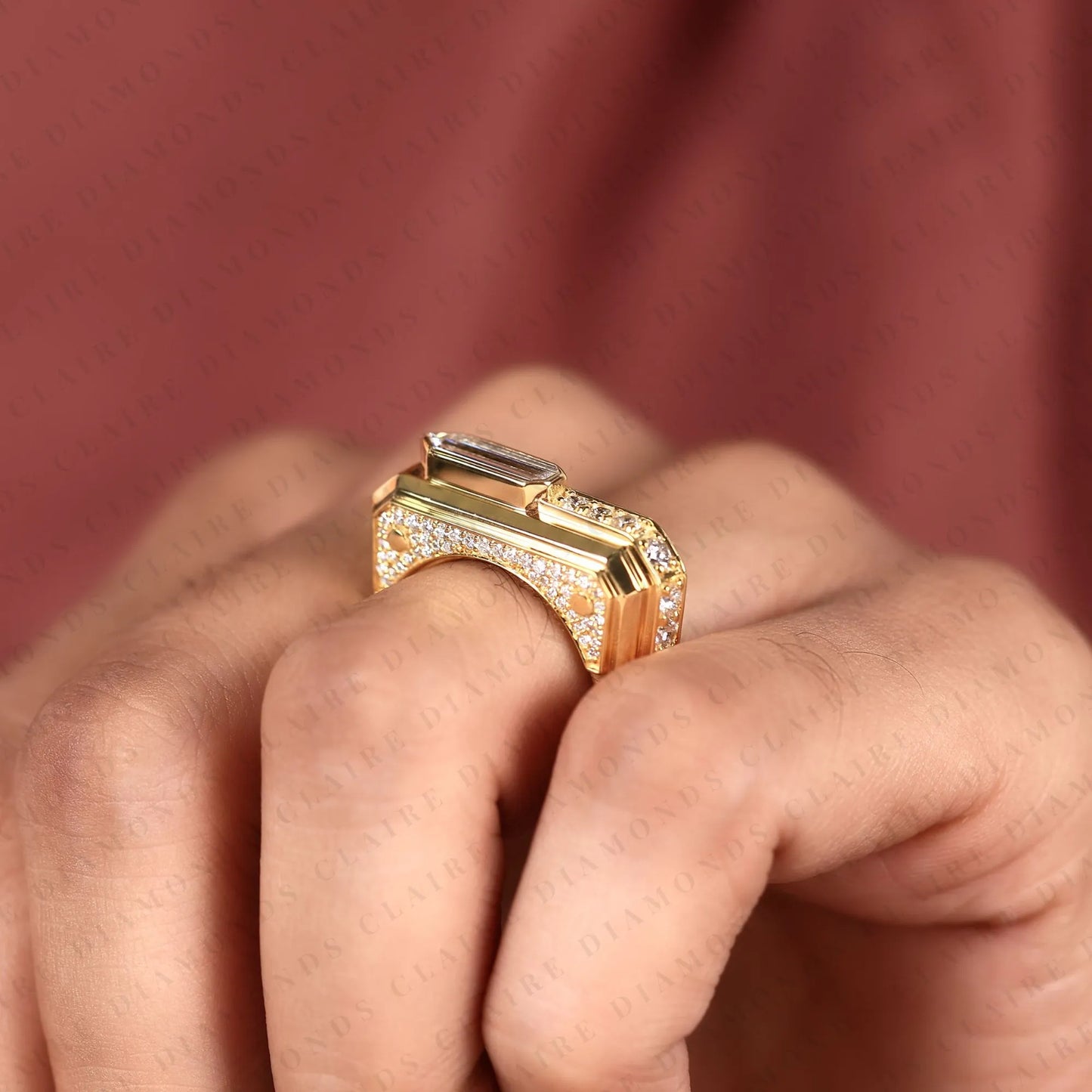luxury baguette cut moissanite diamond engagement ring in gold with round accent side diamonds for men.