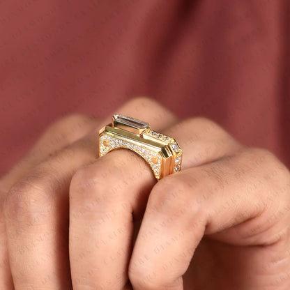 Luxury Baguette Cut Moissanite Diamond Engagement Ring in Gold With Round Accent Side Diamonds For Men.