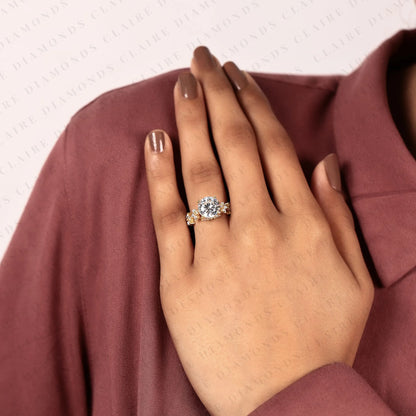 Round Cut Lab Grown Diamond Vintage Ring Handmade Floral Engagement Ring in Solid Gold For Her