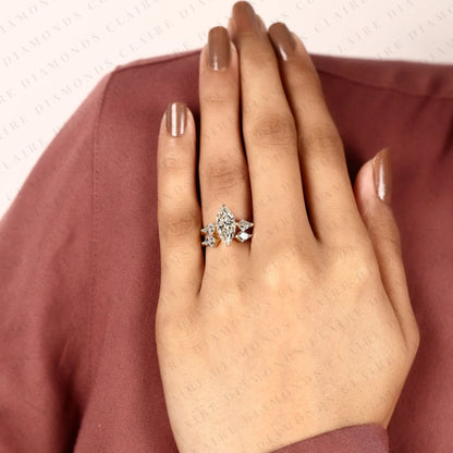 Marquise Cut Lab Grown Diamond Engagement Ring Bridal Set with Kite Cut Three Stone Ring Modern Unique Bridal Jewelry
