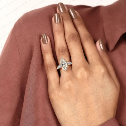 Designer Marquise Moissanite Diamond Engagement Ring with Channel Set Baguette Diamonds