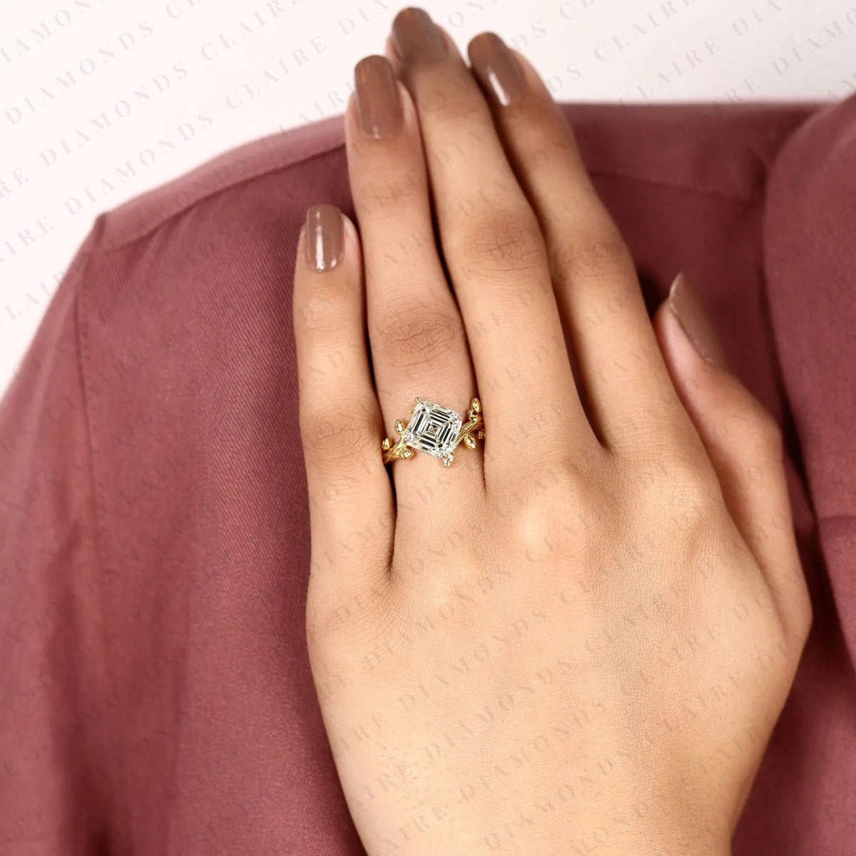 asscher cut lab grown diamond ring vintage floral leaf gold engagement ring art deco inspired geometric diamond ring for women