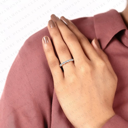 0.95 TCW Round Cut Lab Grown Diamond Wedding Band  Shared Prong Diamond Half Eternity Band Minimalist Anniversary Band for Women