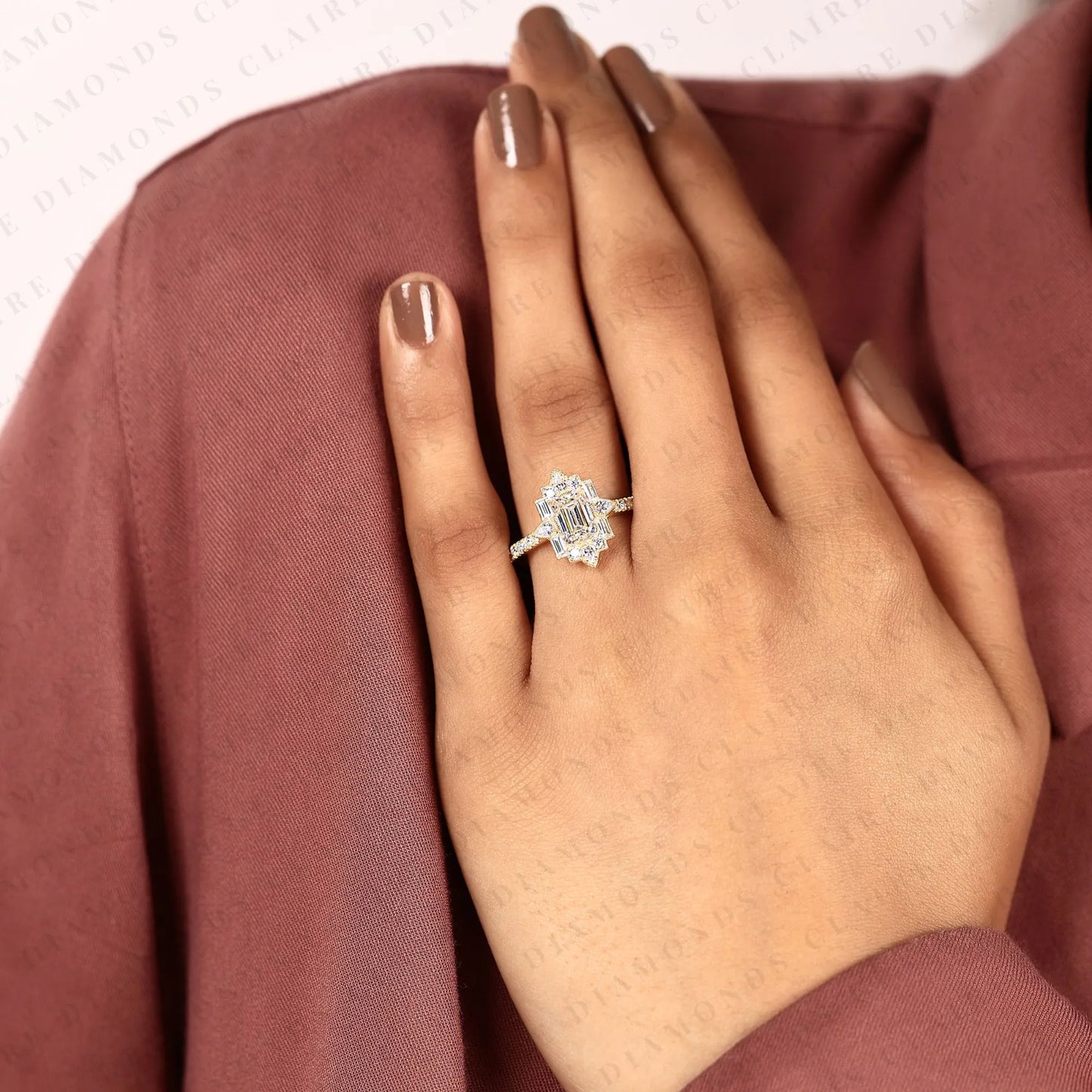 emerald cut lab grown diamond engagement ring milgreen bezel art deco vintage inspired baguette halo diamond bridal ring