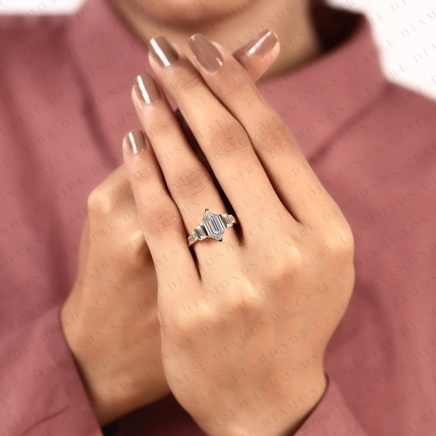 hexagon cut moissanite diamond engagement ring art deco step cut ring vintage engraved gold ring baguette side stone bridal ring.