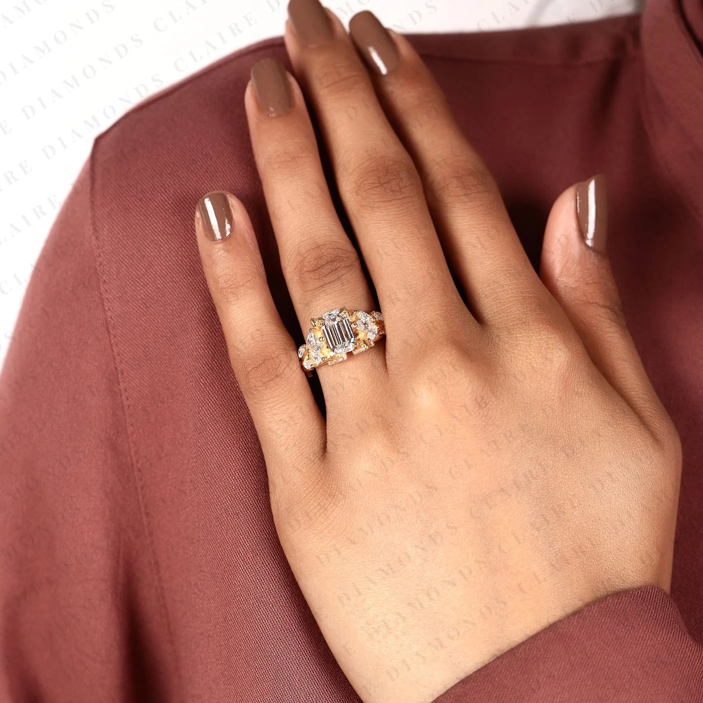 modified emerald cut lab grown diamond engagement ring floral vintage halo ring unique gold bridal ring statement wedding jewelry