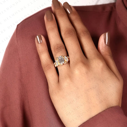Modified Emerald Cut Lab Grown Diamond Engagement Ring Floral Vintage Halo Ring Unique Gold Bridal Ring Statement Wedding Jewelry