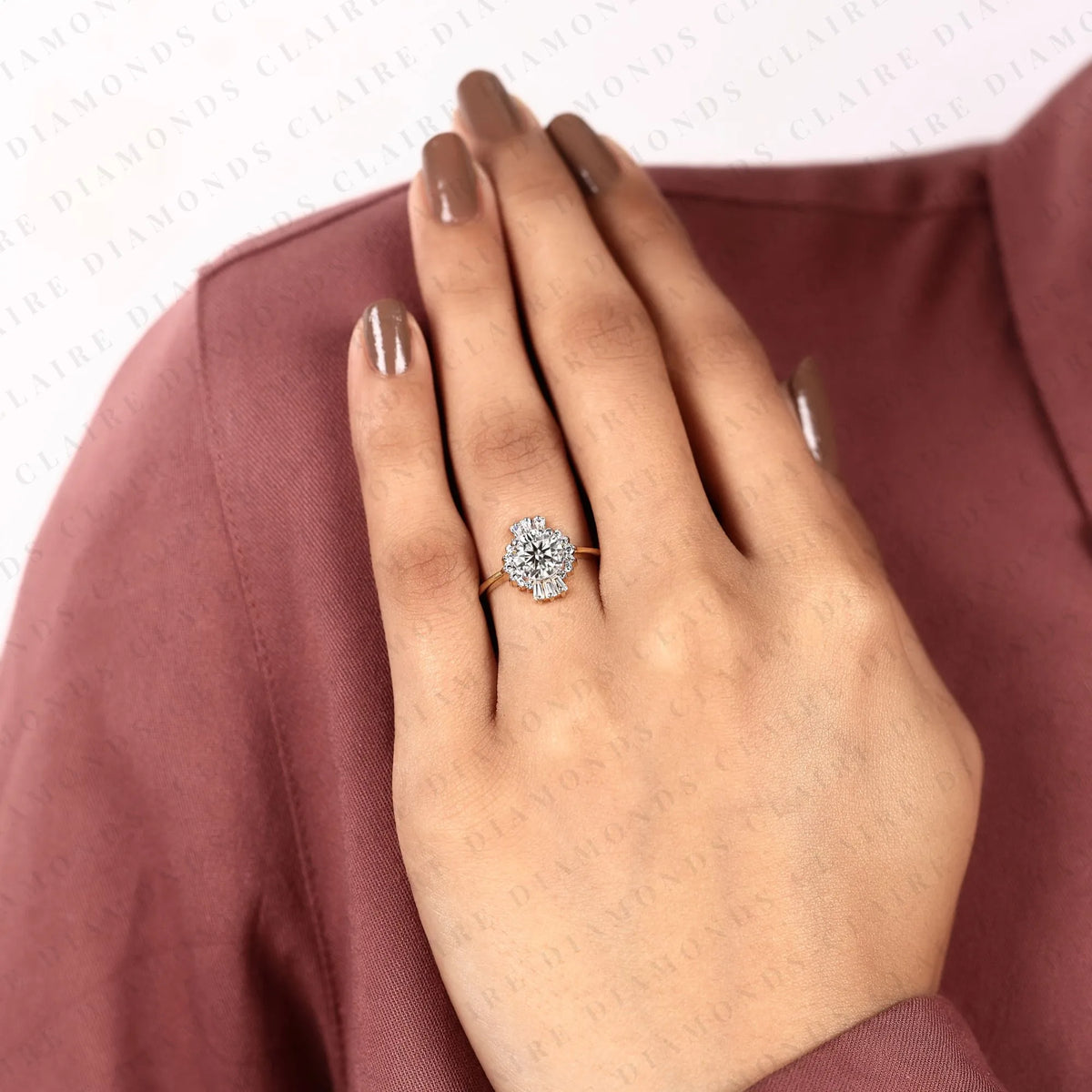 round cut lab grown diamond halo engagement ring baguette accent vintage inspired bridal ring unique luxury jewelry