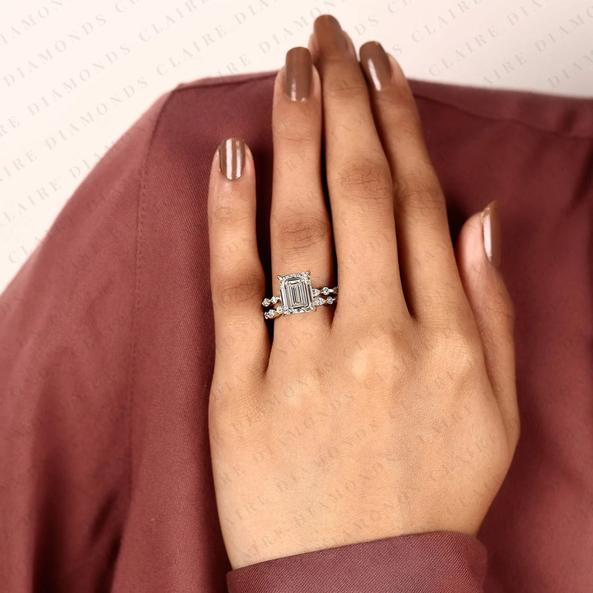 emerald cut lab grown diamond engagement ring bridal set ring with pavé diamond band modern unique bridal jewelry