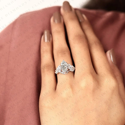 Marquise Cut Lab Grown Diamond Engagement Ring Vintage Floral Cluster Ring White Gold Wedding Ring Unique Anniversary Ring for Women IGI Certified Bridal Jewelry.