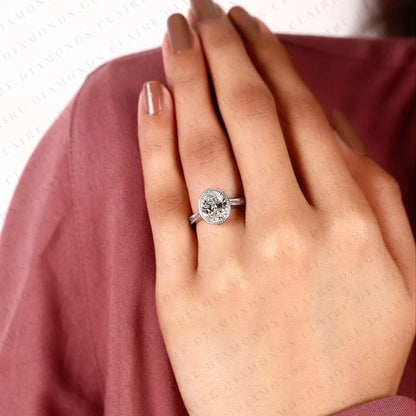 Oval Cut Lab Grown Diamond Engagement Ring Vintage Milgrain Bezel Setting White Gold Engraved Band Elegant Solitaire Bridal Jewelry