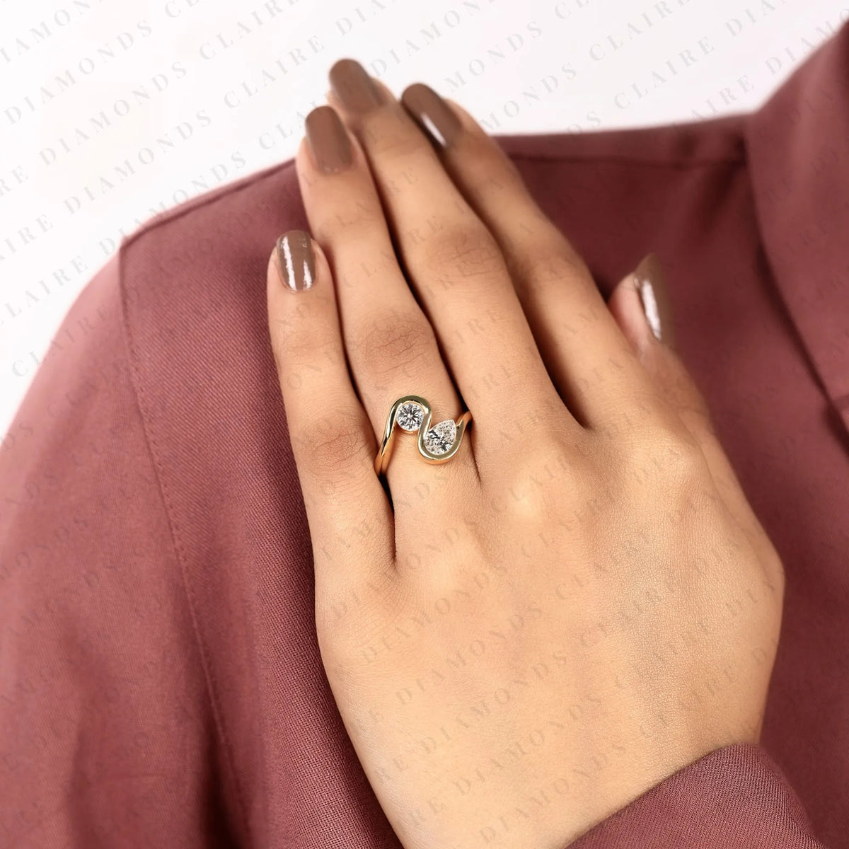 1.10 tcw round and pear lab grown diamond toi et moi ring unique double stone engagement ring elegant statement jewelry