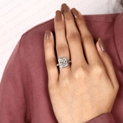 Radiant Cut Moissanite Diamond Bezel Set Engagement Ring with Baguette Pave Set White Gold Modern Luxury Bridal Jewelry