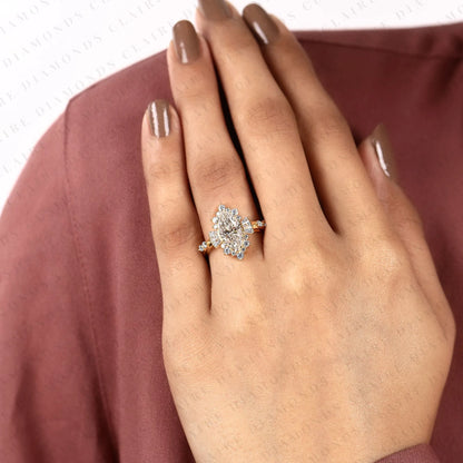 Marquise Cut Moissanite Diamond Engagement Ring Floral Halo with Baguette Accents Yellow Gold Vintage Inspired Bridal Ring