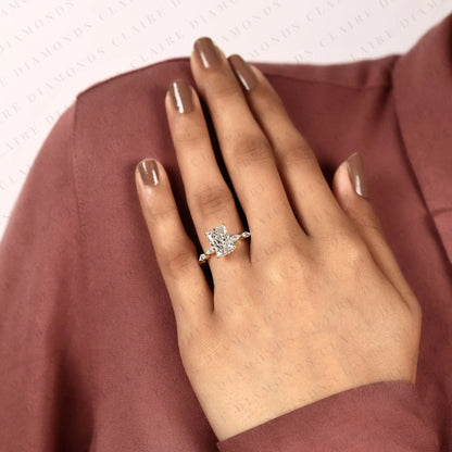 Radiant Cut Lab Grown Diamond Hidden Halo Engagement Ring in Yellow Gold Marquise Accent Band