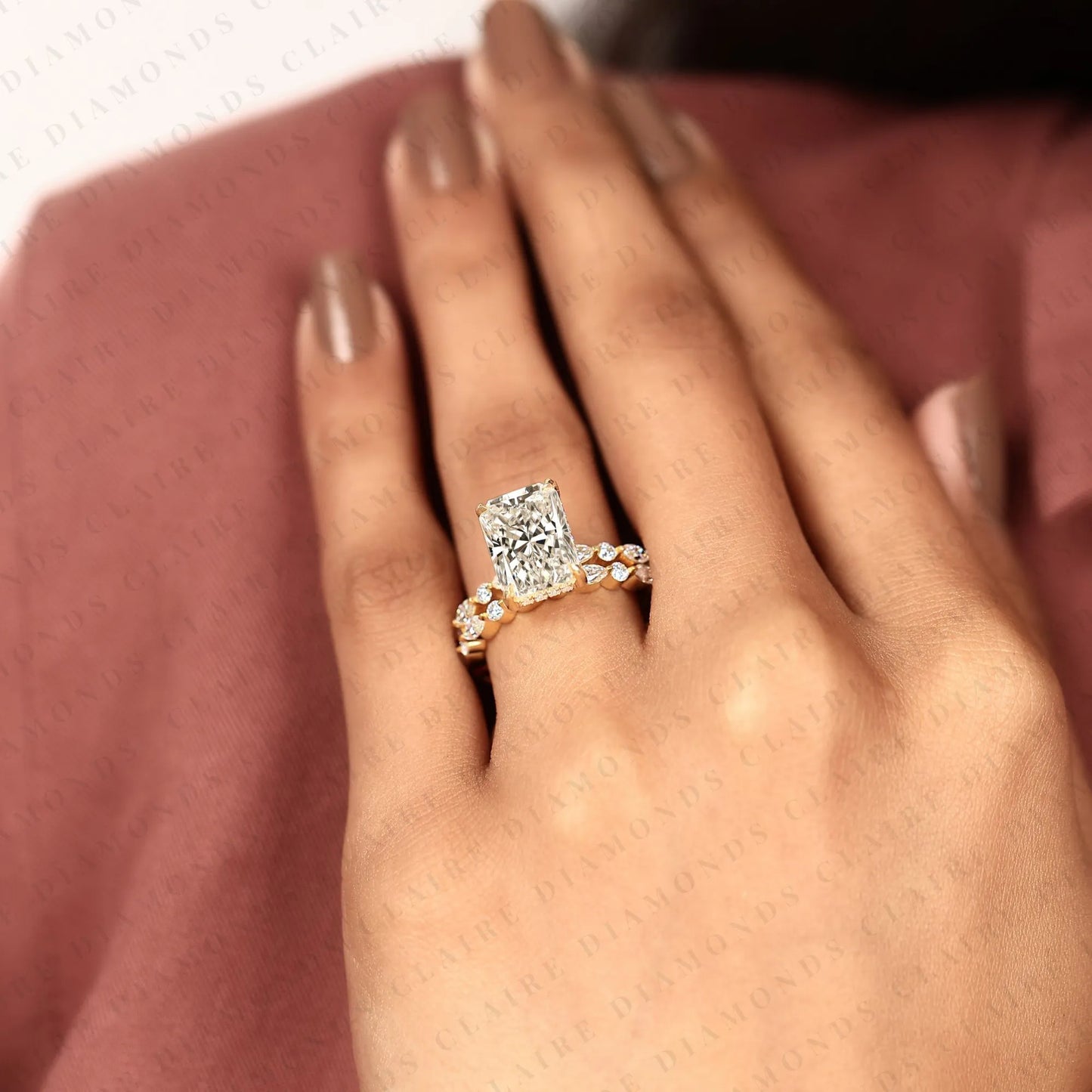 designer radiant cut lab grown bridal ring set with marquise and round diamond accents