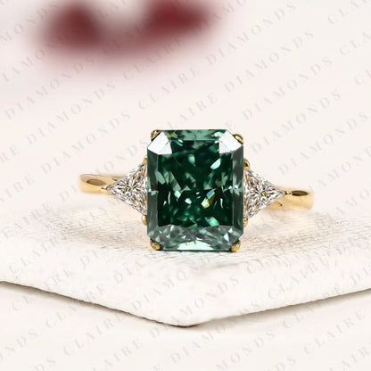 Radiant Cut Green Lab Grown Diamond Engagement Ring  Three Stone Ring with Trillion Diamond Accents Luxury Bridal Jewelry