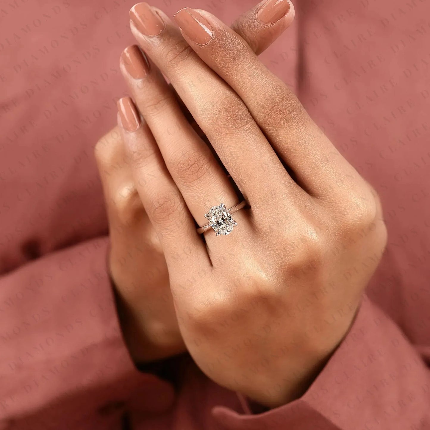 oval cut lab grown diamond solitaire engagement ring, four prong hidden tulip setting, minimalist white gold proposal ring