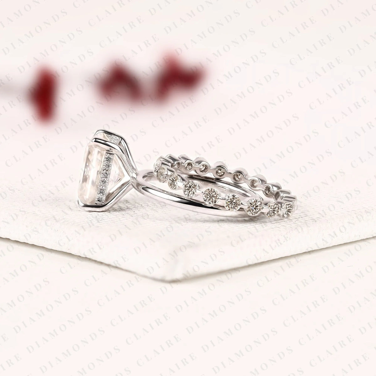 radiant cut lab grown diamond engagement ring with white gold pavé band | elongated radiant center stone modern classic bridal ring set