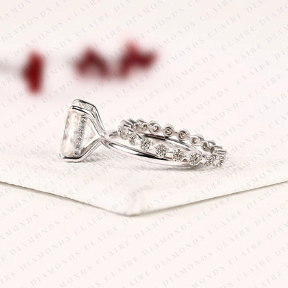 Radiant Cut Lab Grown Diamond Engagement Ring with White Gold Pavé Band | Elongated Radiant Center Stone Modern Classic Bridal Ring Set