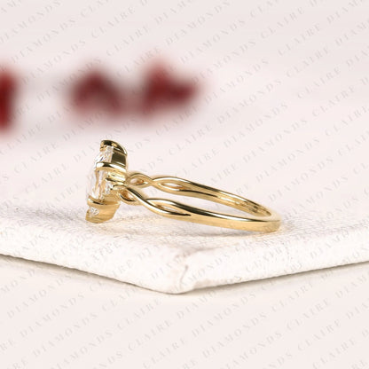 Oval Rose Cut Lab Grown Diamond Engagement Ring Twisted Band Art Deco Gold Ring