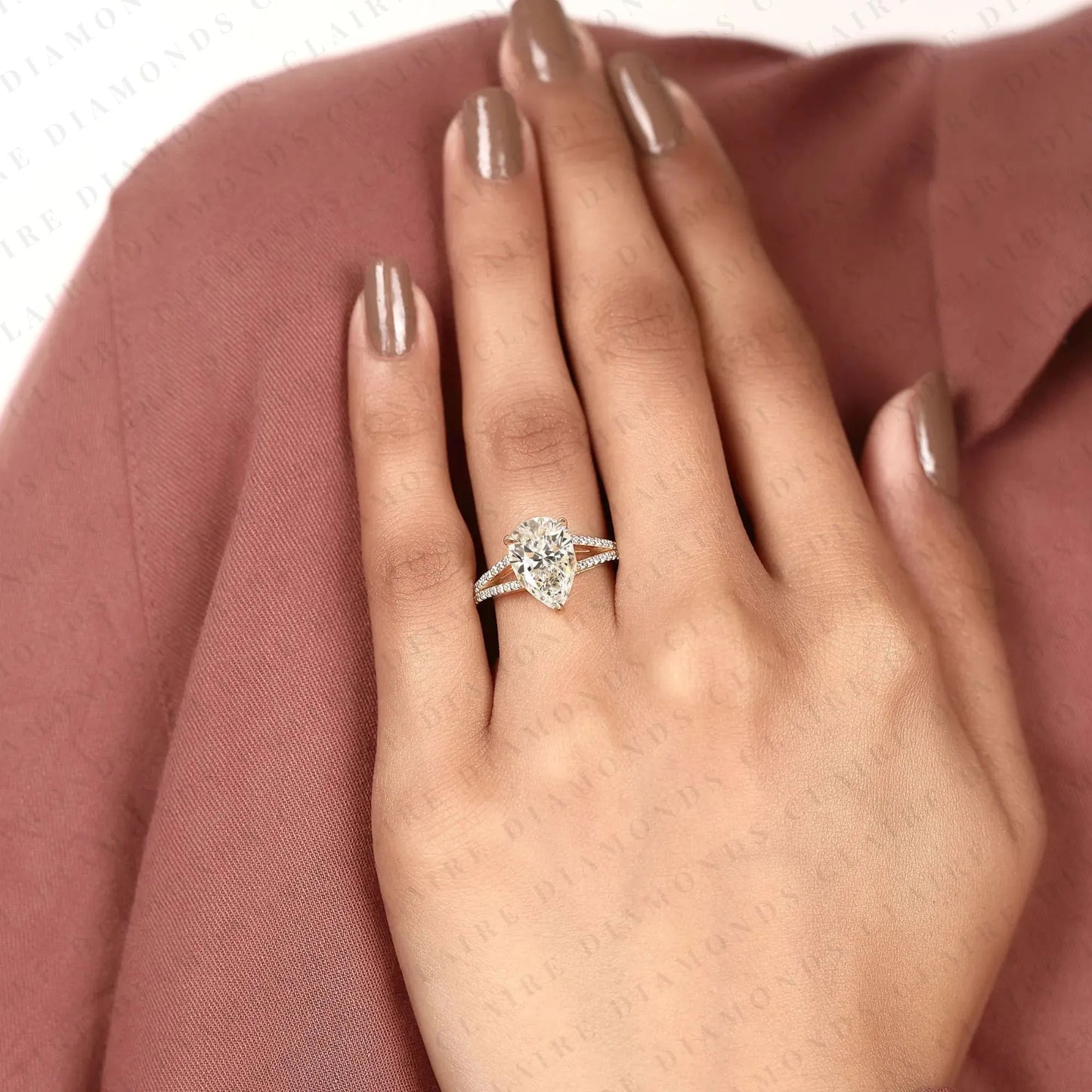 pear cut moissanite diamond engagement ring split shank pave diamond ring bridal ring
