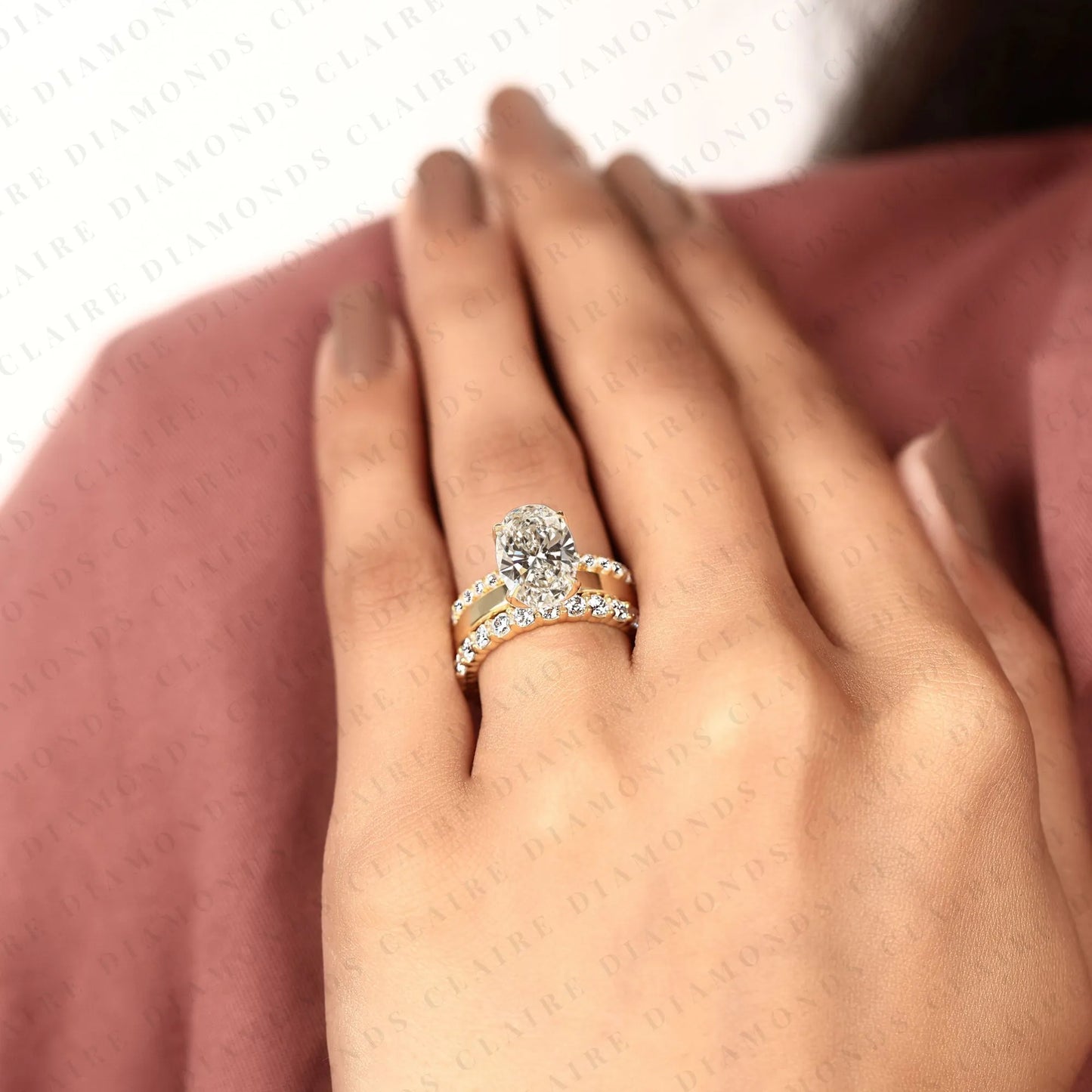 oval cut lab grown diamond bridal set hidden halo engagement ring with matching wedding band yellow gold oval ring pave diamond bridal ring set igi certified wedding jewelry