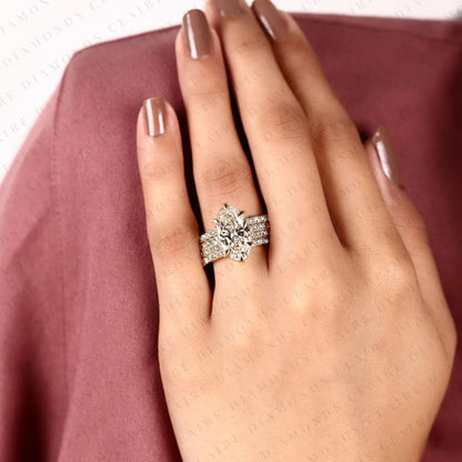 Oval Cut Lab Grown Diamond Hidden Halo Ring Multi Row Pave Gold Band Luxury Bridal Set Wedding Ring for Women