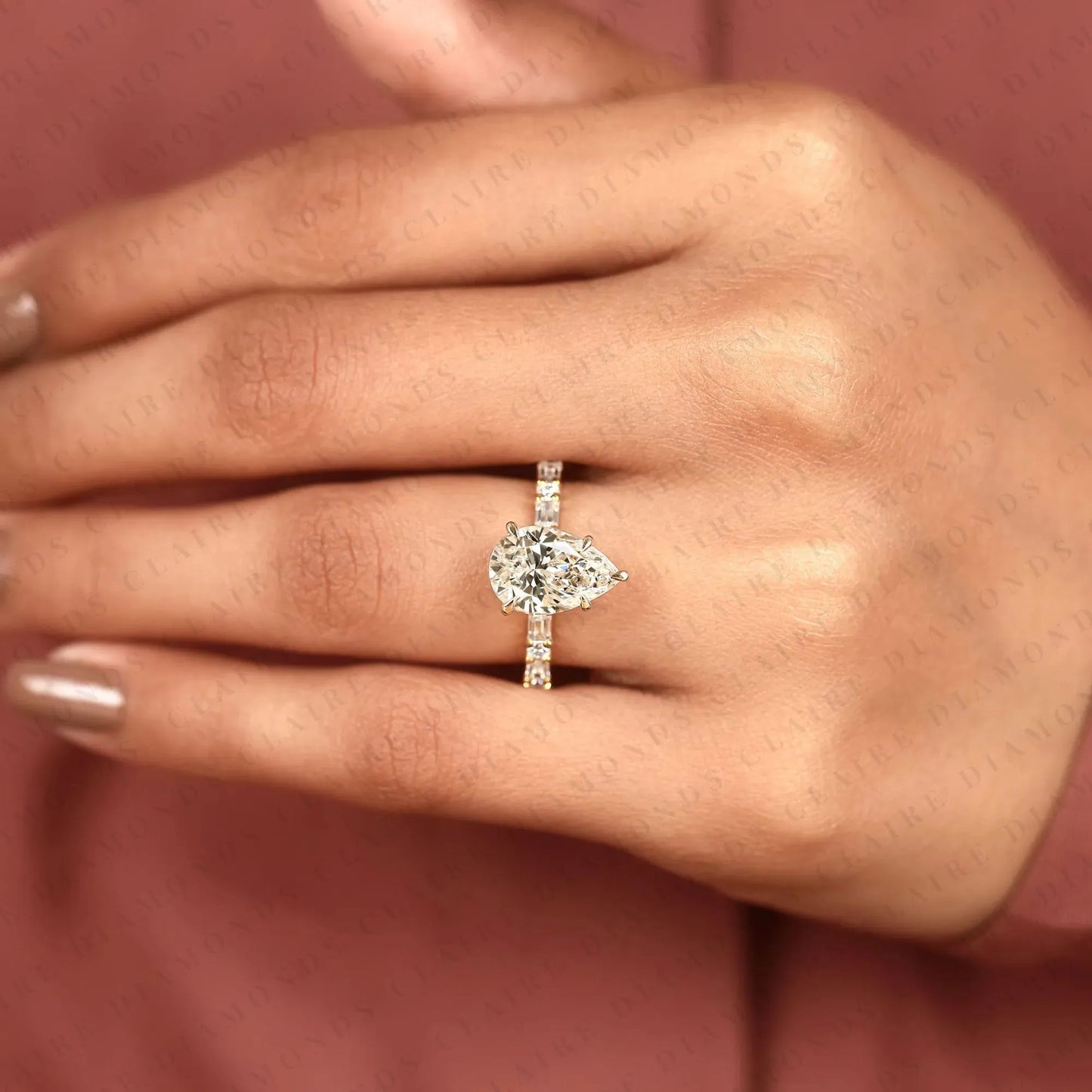 pear cut lab grown diamond engagement ring baguette & round accent diamond band bridal ring  elegant wedding ring