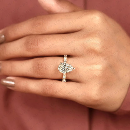 Pear Cut Lab Grown Diamond Engagement Ring Baguette & Round Accent Diamond Band Bridal Ring  Elegant Wedding Ring