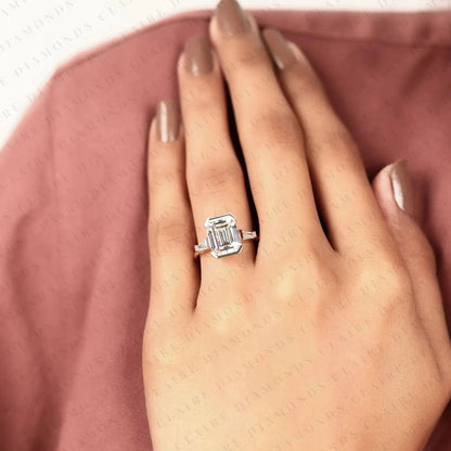 Emerald Cut Lab Grown Diamond Past, Present & Future Gold Ring ,Half Bezel & Three tone Engagement Ring With Tapered Baguette Side Diamonds Ring.