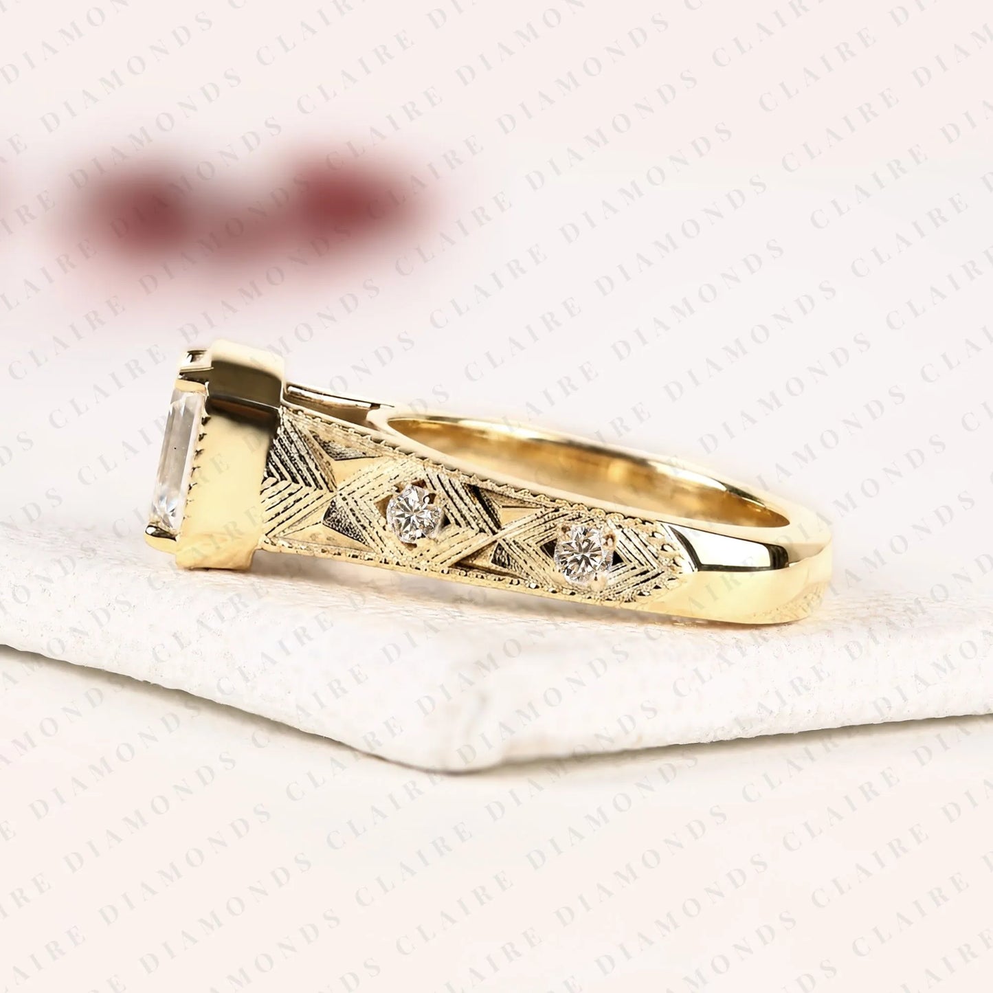 asscher cut moissanite diamond ring with round side stone, vintage engraved art deco band engagement ring solid gold gift.