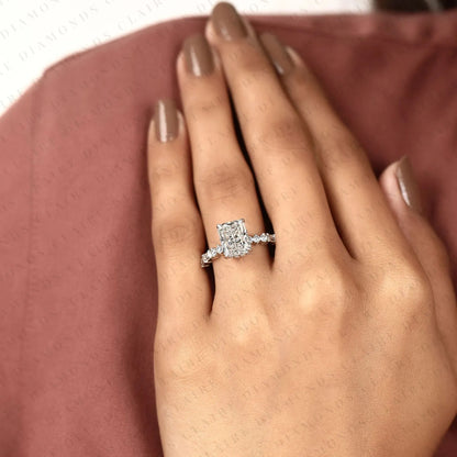 Radiant Cut Lab Grown Diamond Engagement Ring with Round and Baguette Side Stone Accents