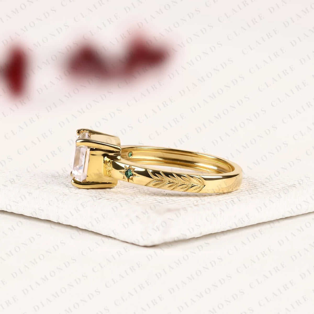 emerald cut lab grown diamond engagement ring yellow gold floral band vintage inspired nature ring with green accent details