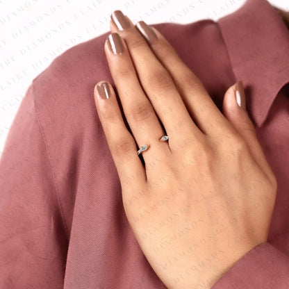 0.50TCW Open Gap Round Cut Moissanite Diamond Gold Ring With Marquise-Cut Diamond On The Ends, Minimalist Promise Ring, Adjustable Wedding Band for Women.