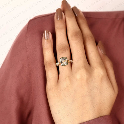 Old Mine Elongated Cushion Cut Lab Grown Diamond Engagement Ring Yellow Gold Bezel Ring with Baguette Side Stone Modern Luxury Bridal Jewelry