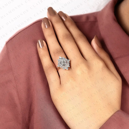 Round Cut Lab Grown Diamond Halo Engagement Ring Floral Sunburst Design with Pear Diamond Accents in Gold