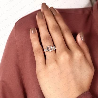 Round Rose Cut Lab Grown Diamond Ring, Unique Engagement Ring With Round & Marquise Side Stones, Floral Cluster Gold Ring