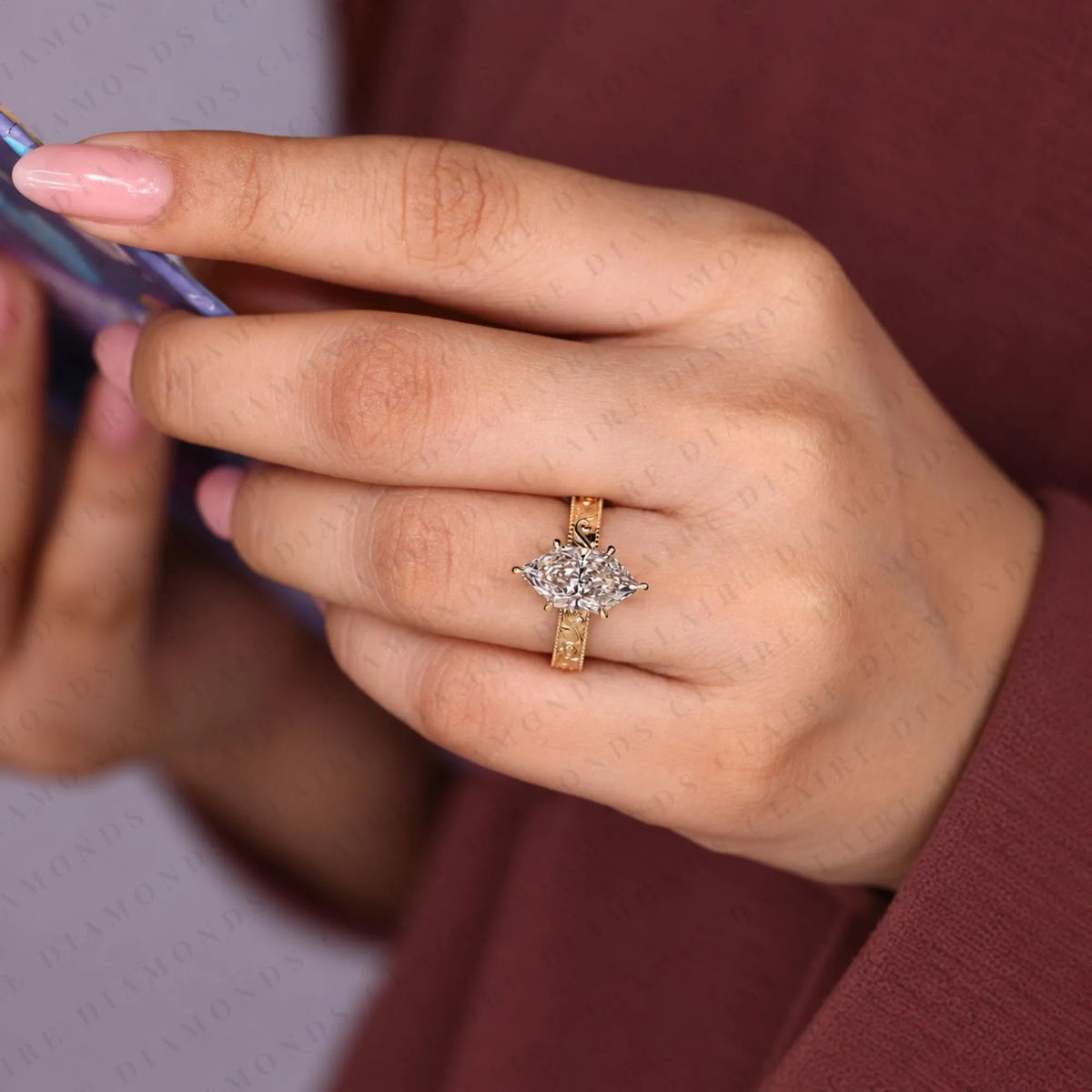 Dutch Marquise Cut Moissanite Diamond Engagement Solitaire Ring Vintage Engraved Gold Band Filigree Wedding Ring Luxury Bridal Jewelry