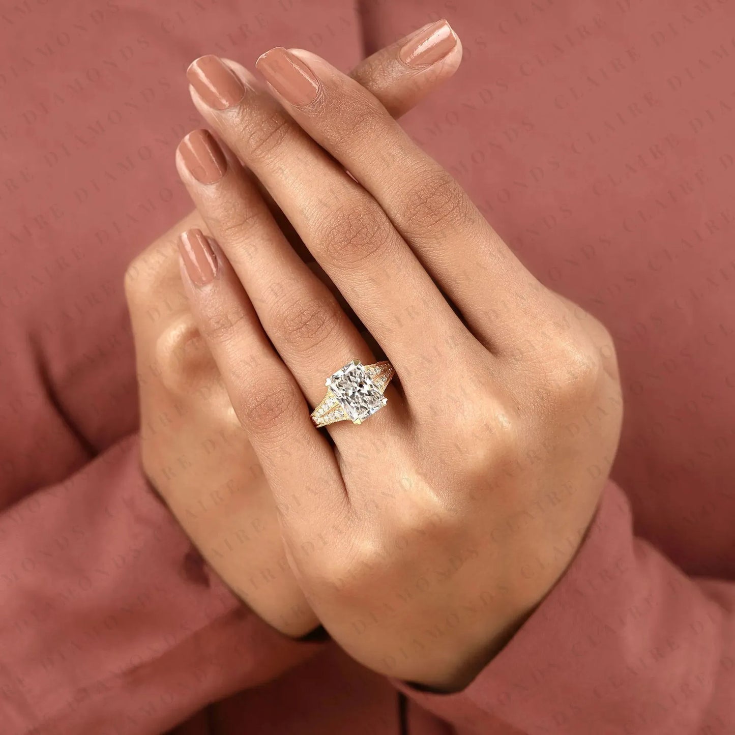 radiant cut lab grown diamond engagement ring vintage milgrain split shank pave diamond ring unique bridal ring for women