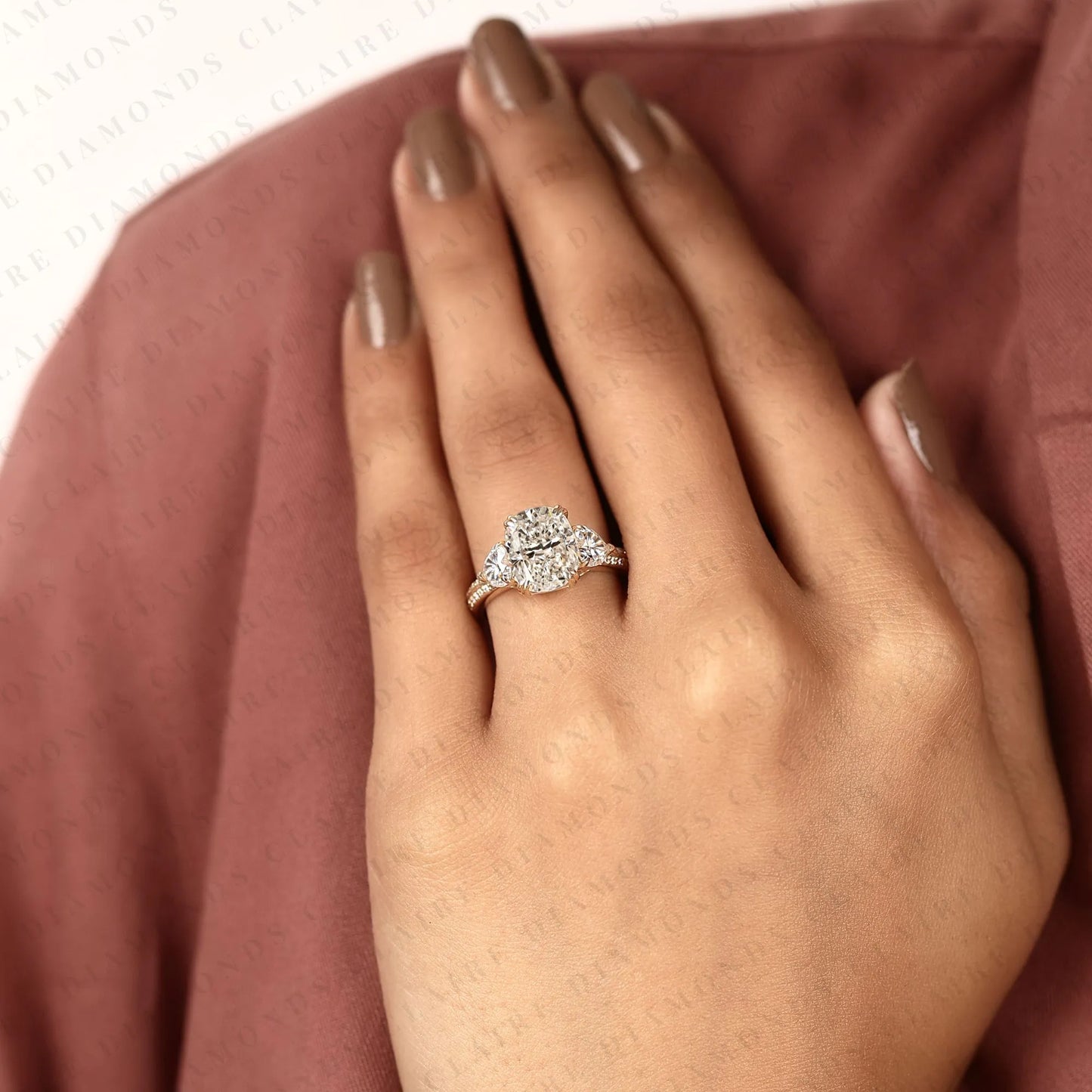 cushion cut three stone moissanite diamond engagement ring trillion side stone diamond ring split shank pave ring