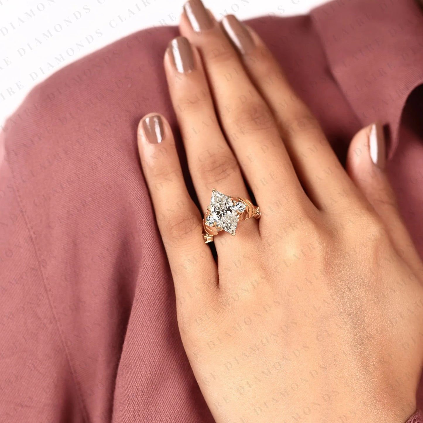 marquise cut lab grown diamond engagement ring with round side stone diamonds, vintage rings art deco vintage gold ring nature inspired promise ring anniversary gift for her.