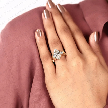 Marquise Cut Lab Grown Diamond Engagement Ring With Round Side Stone Diamonds, Vintage Rings Art Deco Vintage Gold Ring Nature Inspired Promise Ring Anniversary Gift for Her.
