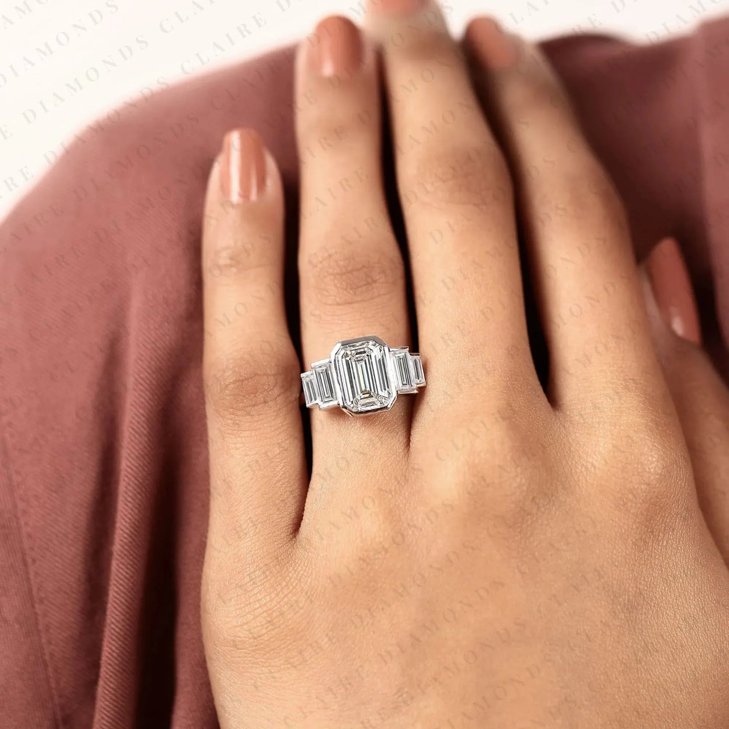 emerald cut three stone lab grown diamond engagement ring bezel set emerald diamond ring with tapered baguette side stones luxury bridal ring